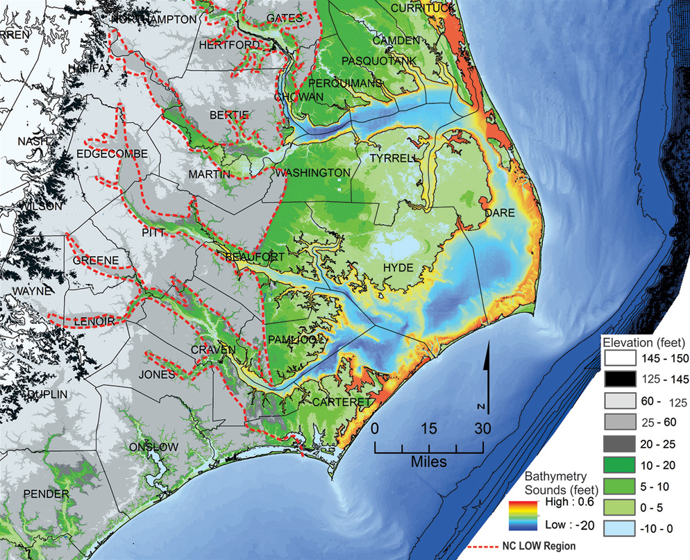 A map showing the elevation of far eastern North Carolina and the location of the Suffolk Scarp