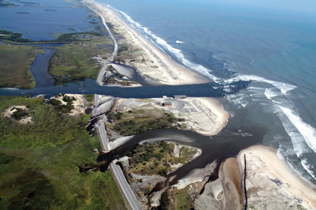 An aerial photo showing inlets carved in Hatteras Island after Hurricane Irene in 2011