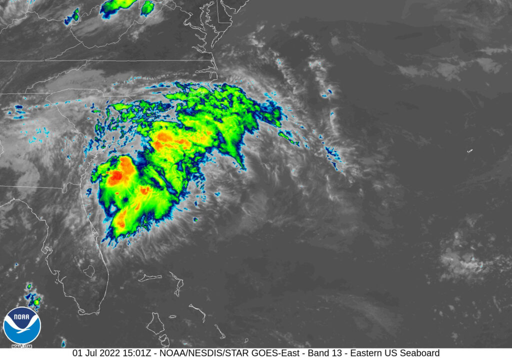 A satellite image of Tropical Storm Colin off the Carolina coast on Saturday, July 2, 2022.