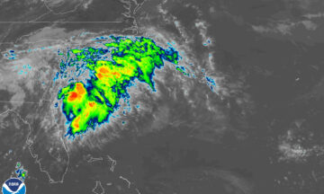 A satellite image of Tropical Storm Colin off the Carolina coast on Saturday, July 2, 2022.