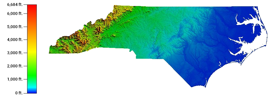 A map of elevation across North Carolina