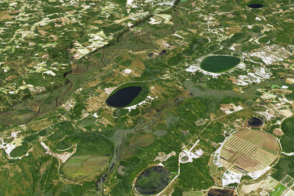 An aerial image of Carolina bays in Bladen County