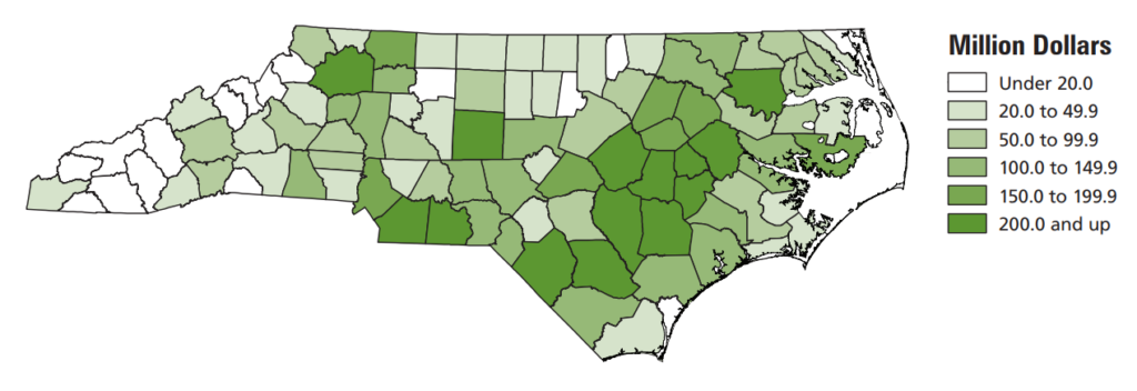 A map of cash receipts for agriculture by county in 2020