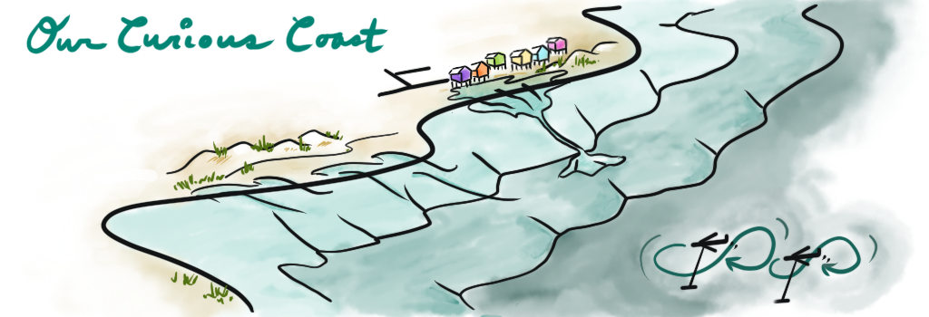 Blog post banner drawing featuring a submarine view of the coast, coastal erosion, sand dunes, and renewable energy ocean kites.