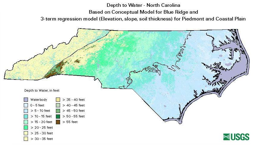 A map showing the depth to the water table across North Carolina
