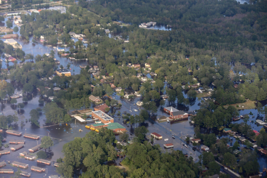 An aerial photo of flooding in eastern North Carolina after Hurricane Florence in 2018