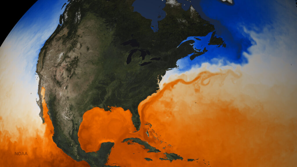 A map of colorized sea surface temperatures off the US East Coast