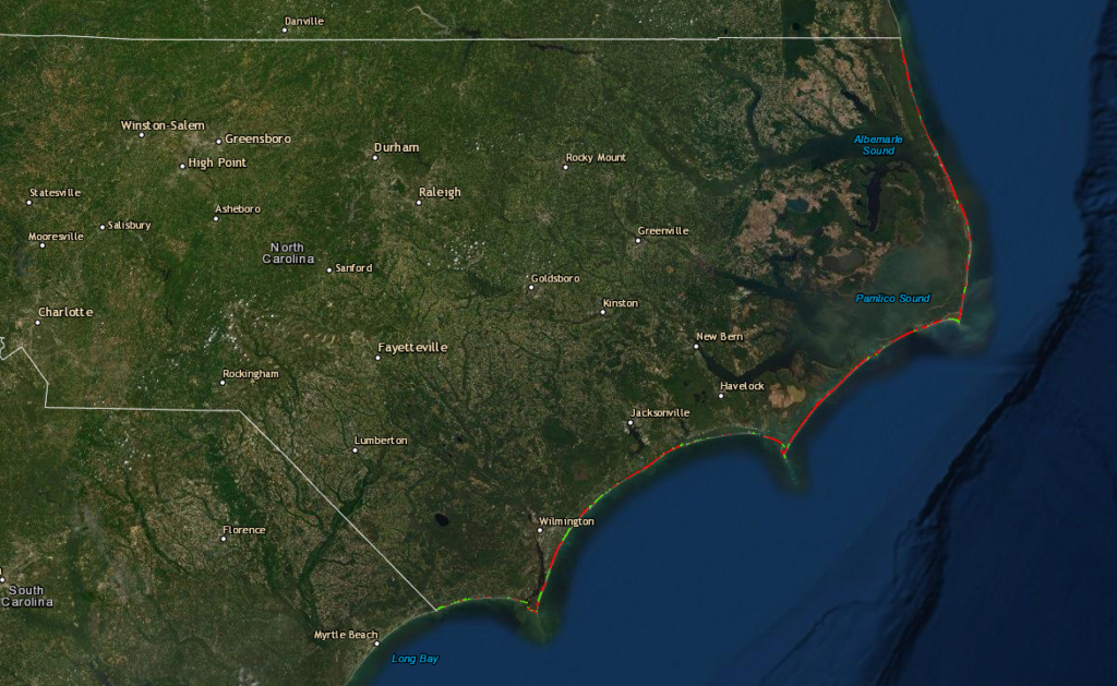 A map of erosion and accretion along the North Carolina coast