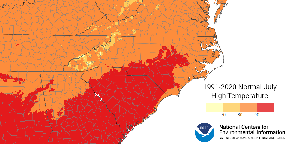 A map of normal July high temperatures in North Carolina