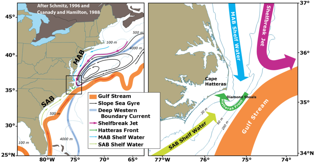 A diagram of ocean currents and shelfwaters off the coast of North Carolina