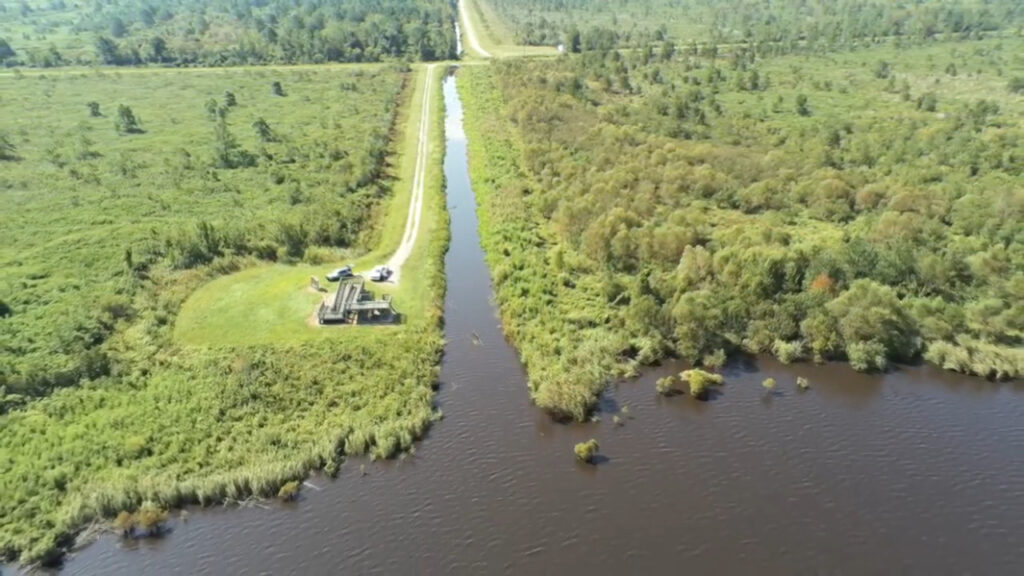 An aerial photo of a canal at Pocosin Lakes National Wildlife Refuge