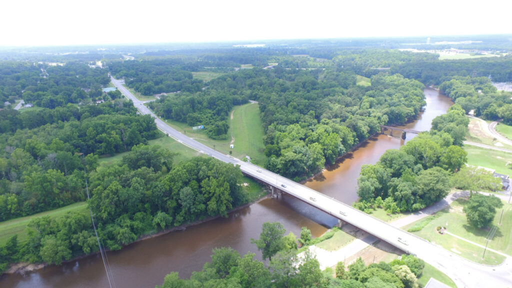 An aerial photo of a bridge over water in eastern North Carolina