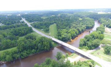 An aerial photo of a bridge over water in eastern North Carolina