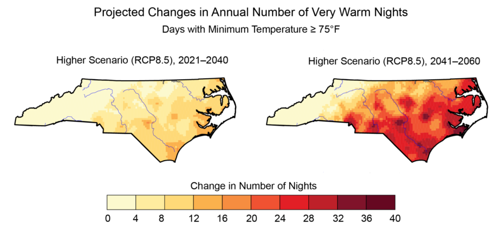 Maps of the projected number of very warm nights per year for 2041-2060