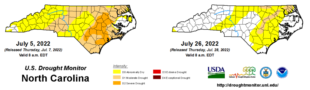 A comparison of drought maps from July 5 and July 26, 2022, in North Carolina