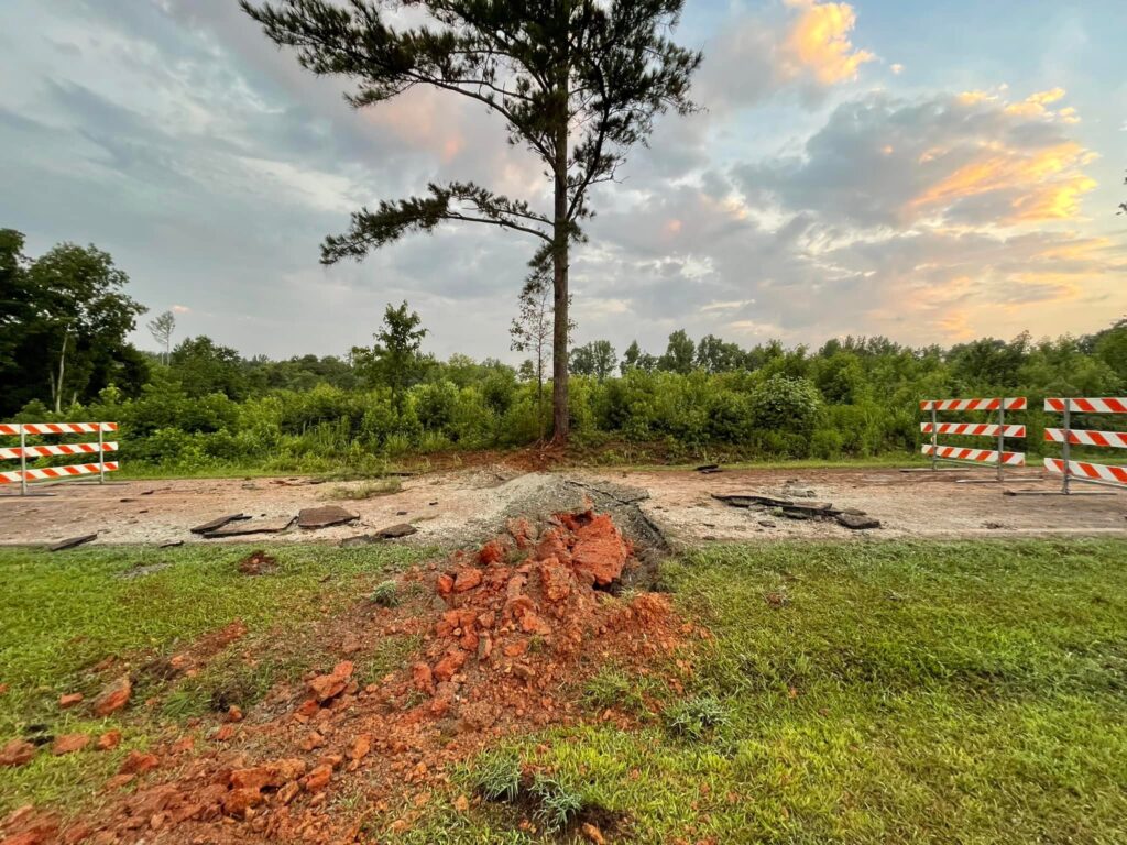 A photo of lightning damage to a roadway in Oakboro, NC