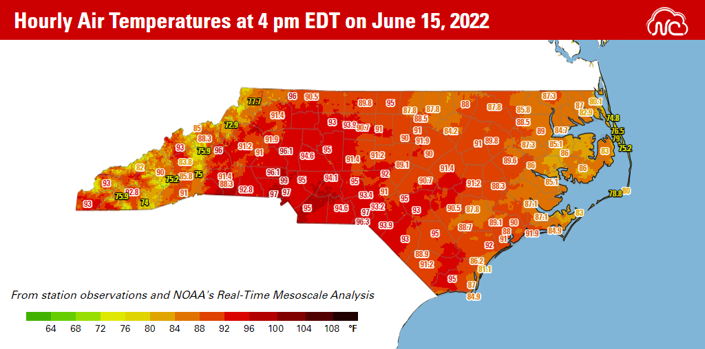 A map of air temperatures at 4 pm on June 15, 2022