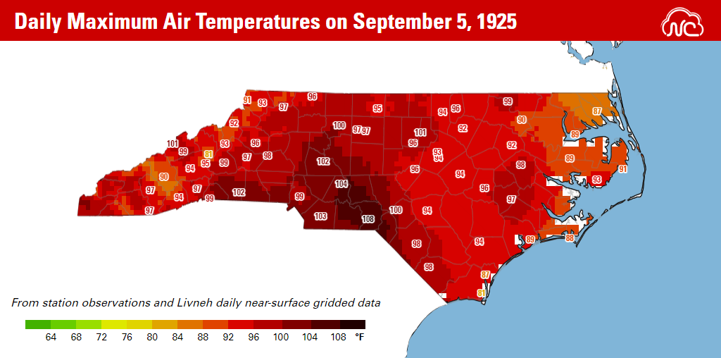 A map of daily maximum air temperatures on September 5, 1925