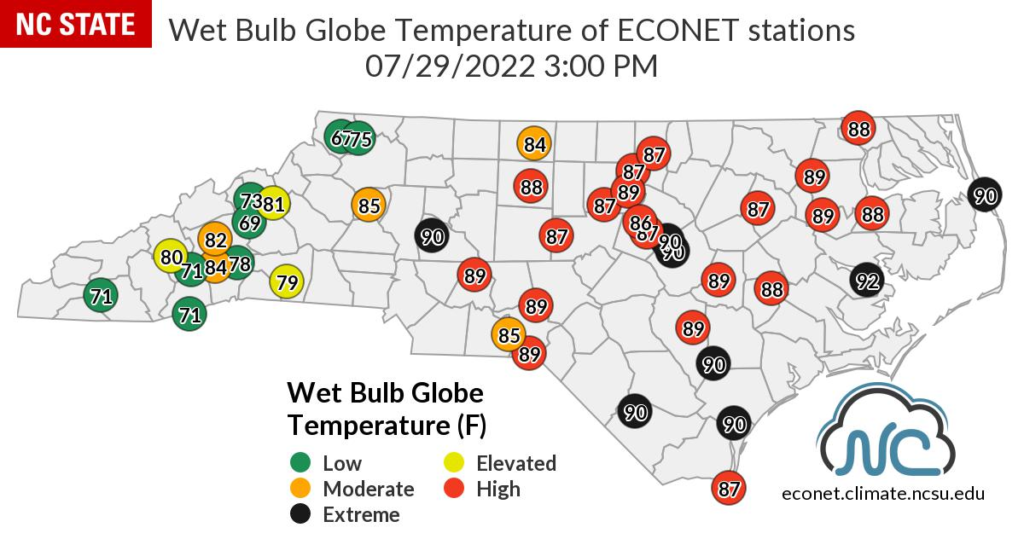 A map of Wet Bulb Globe Temperature on July 29 at 3 pm