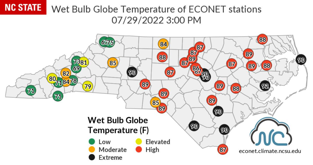 Wet globe temperature map on July 29 at 3pm