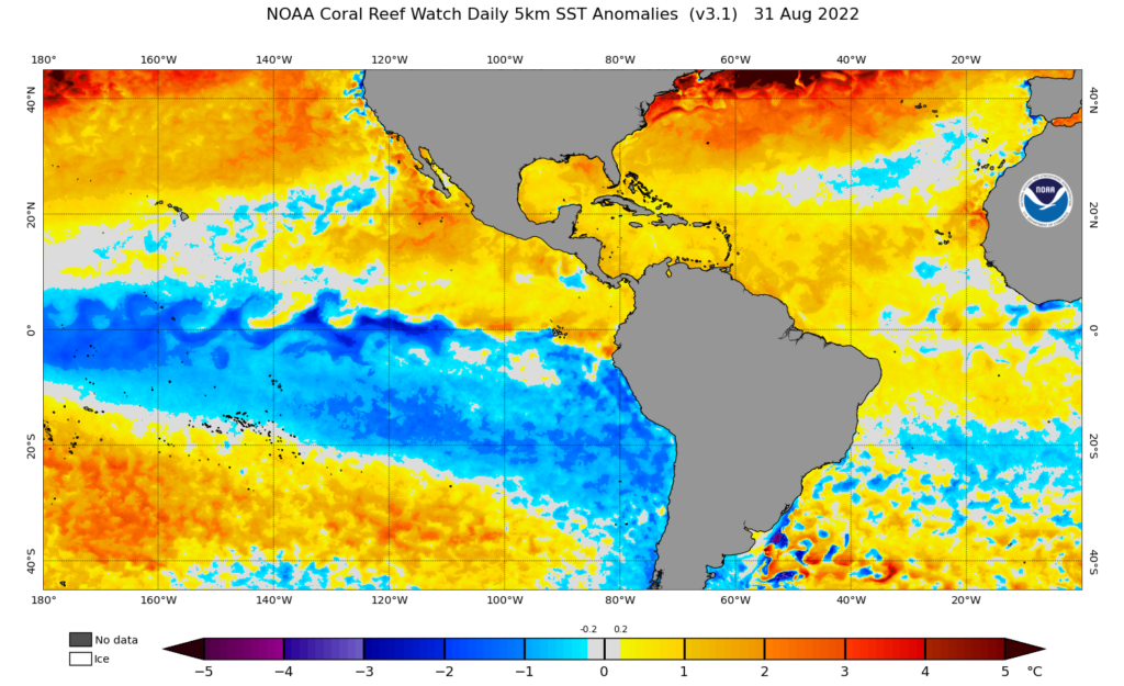 Anomalous sea surface temperature map over tropical Atlantic and Pacific oceans