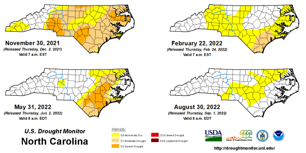 US Drought Monitor maps from the end of each of our past four seasons in North Carolina