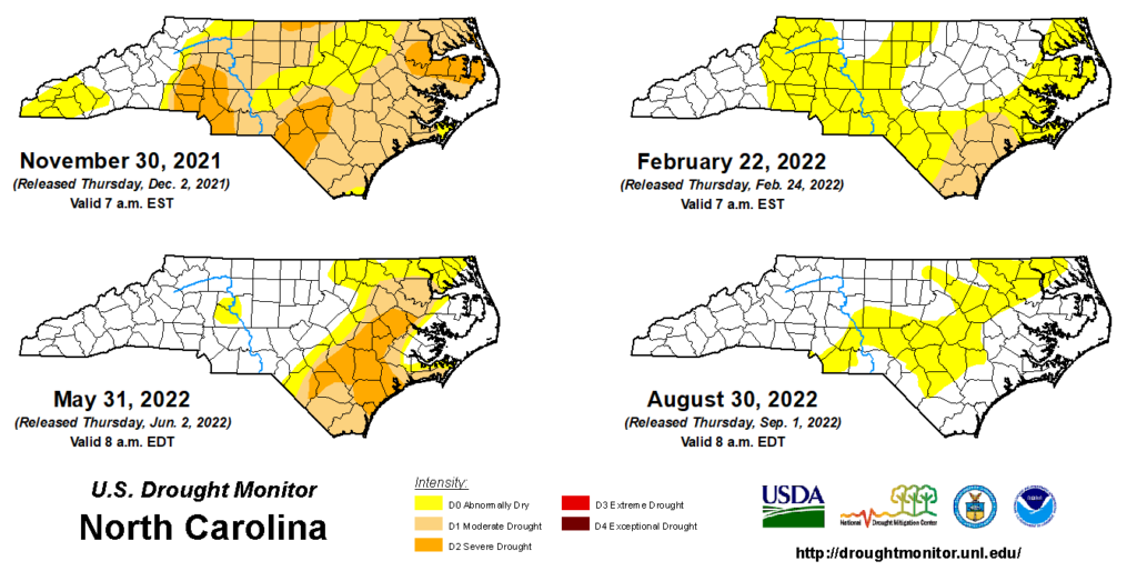 US Drought Track Map from the end of each of our past four seasons in North Carolina