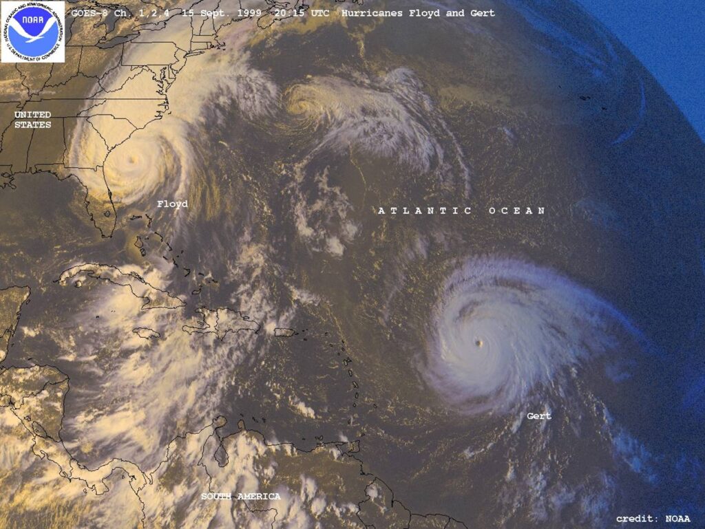 Satellite imagery of hurricanes Floyd and Gert in September 1999