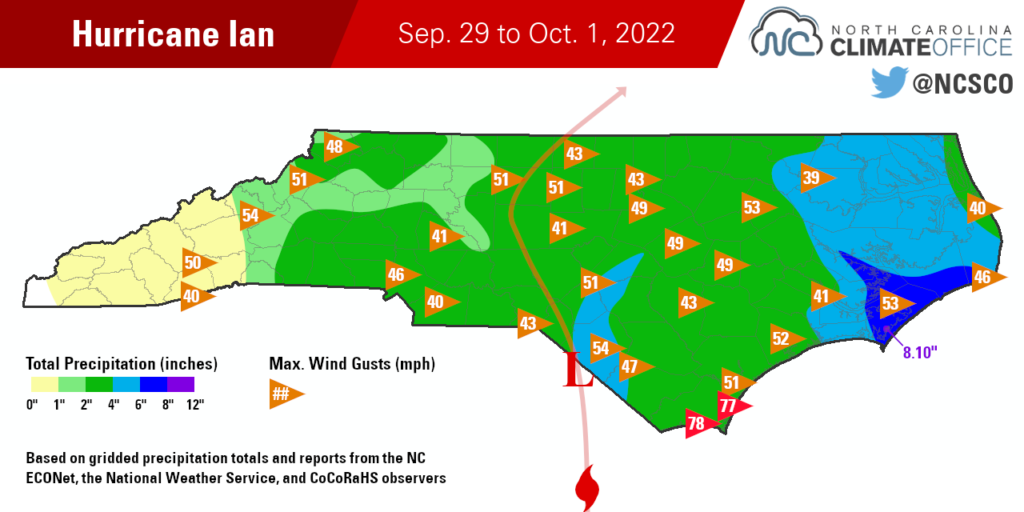A map of precipitation totals and wind gusts from Hurricane Ian in North Carolina.