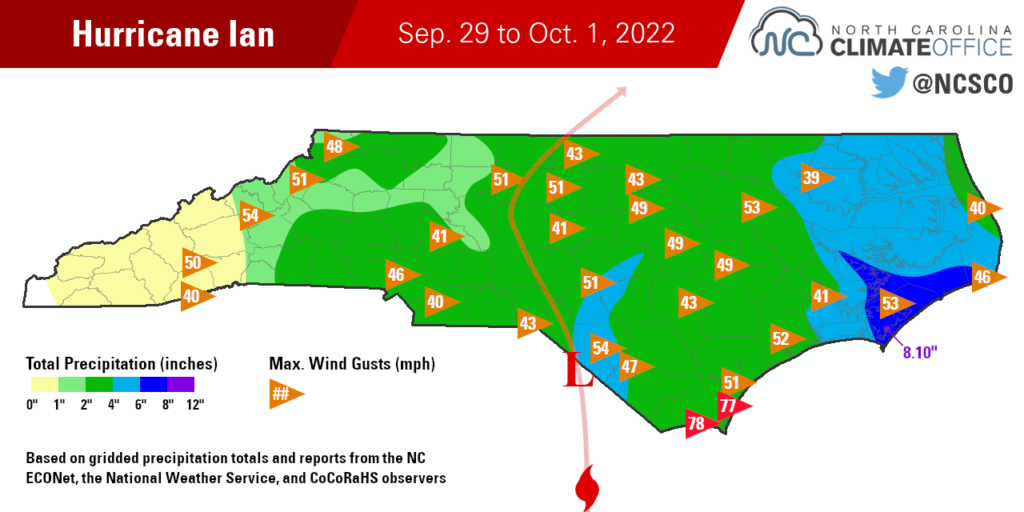 Map of total precipitation and gusts from Hurricane Ian in North Carolina.