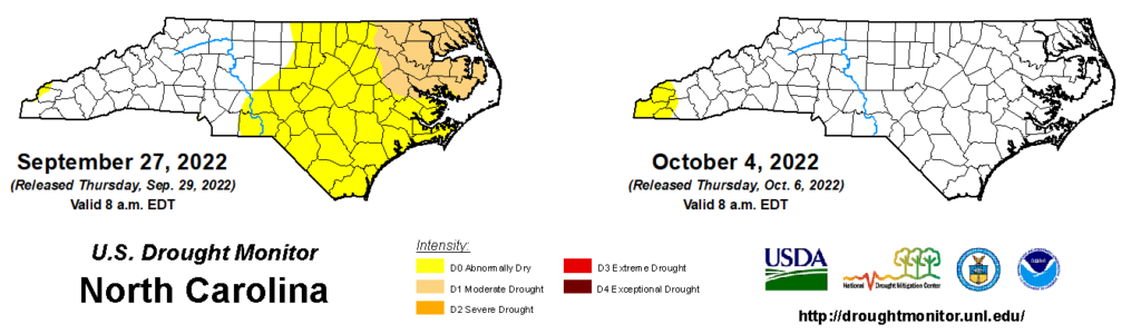 A comparison of drought maps from September 27 and October 4, 2022, in North Carolina