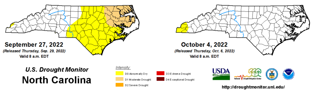 Comparison of drought maps from September 27 and October 4, 2022, in North Carolina