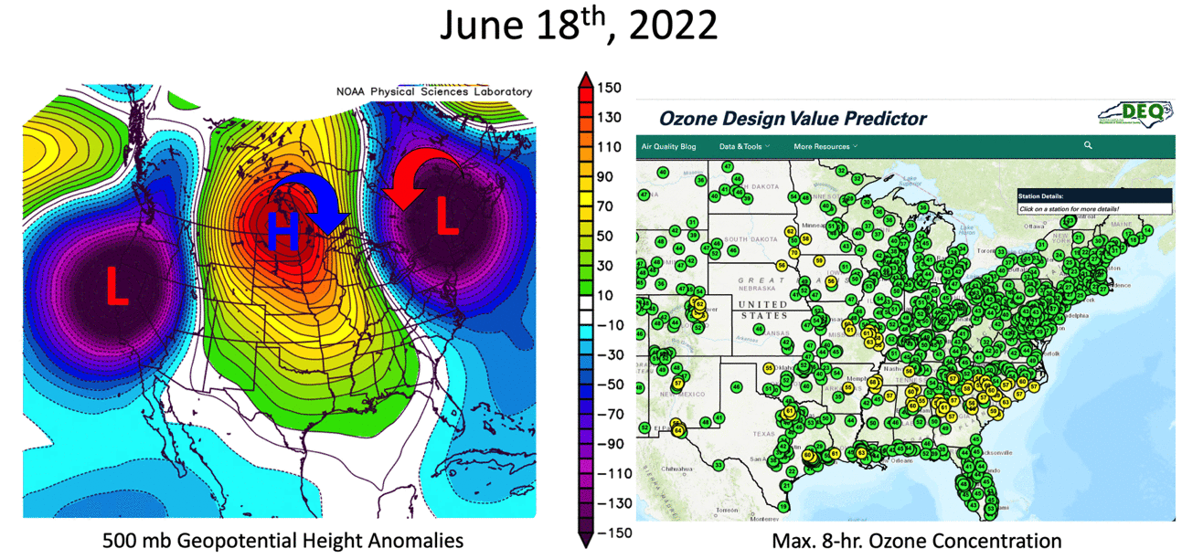 An animation of the upper-level weather pattern and observed maximum ozone concentrations from June 18 to 23, 2022