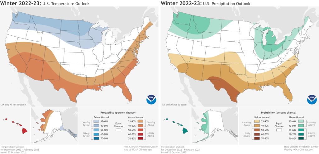 The winter 2022-23 temperature and precipitation outlook maps from NOAA