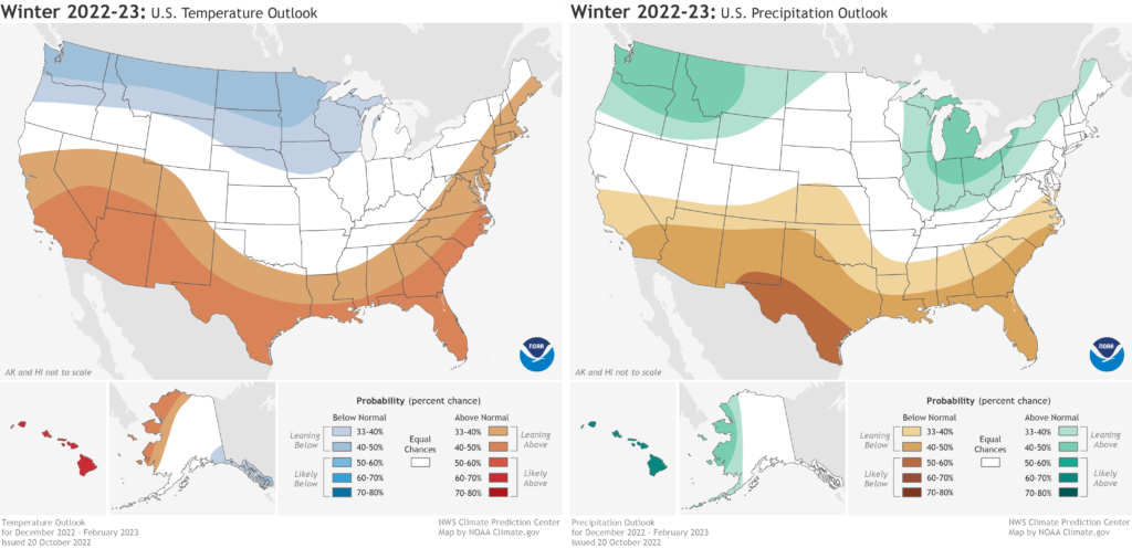 Winter 2022-23 temperature and precipitation outlook map from NOAA