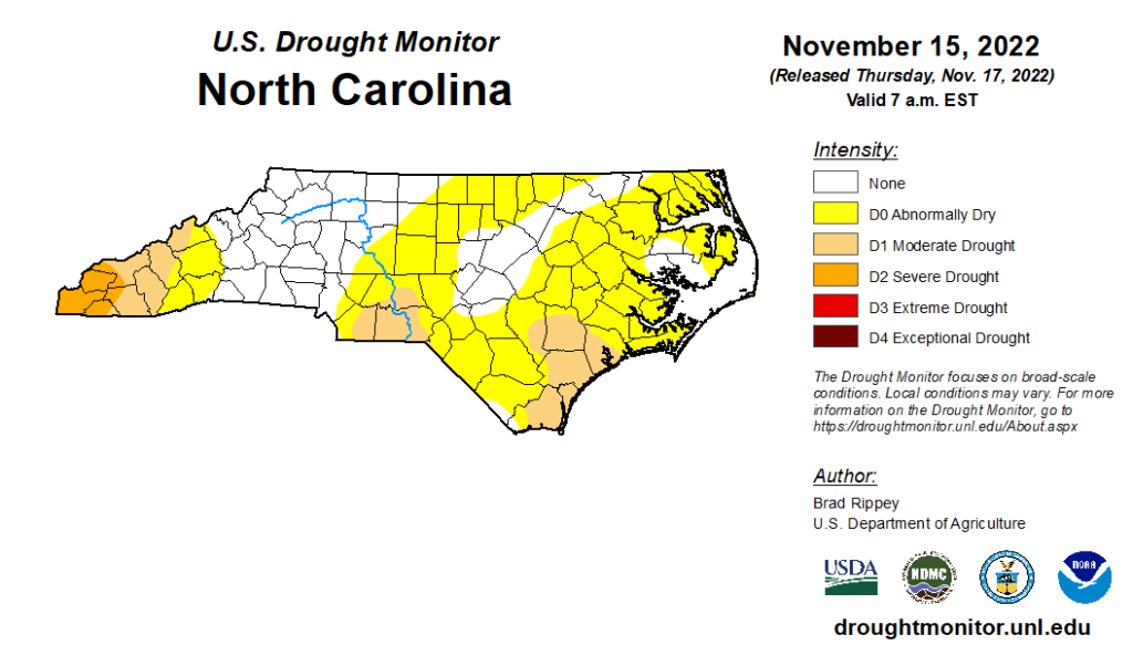 The US Drought Monitor map for North Carolina as of November 15