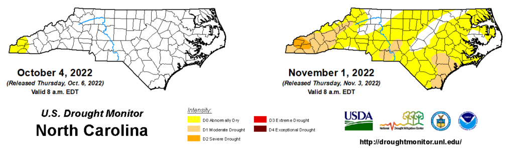 A comparison of drought maps from October 4 and November 1, 2022, in North Carolina