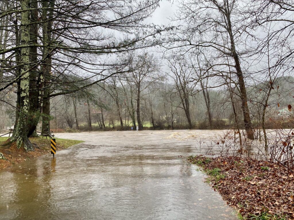 A photo of flooding along a road in Valle Crucis, NC