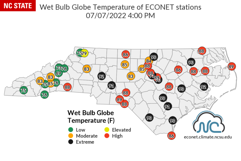 A map of calculated Wet Bulb Globe Temperature on July 7 at 4 pm