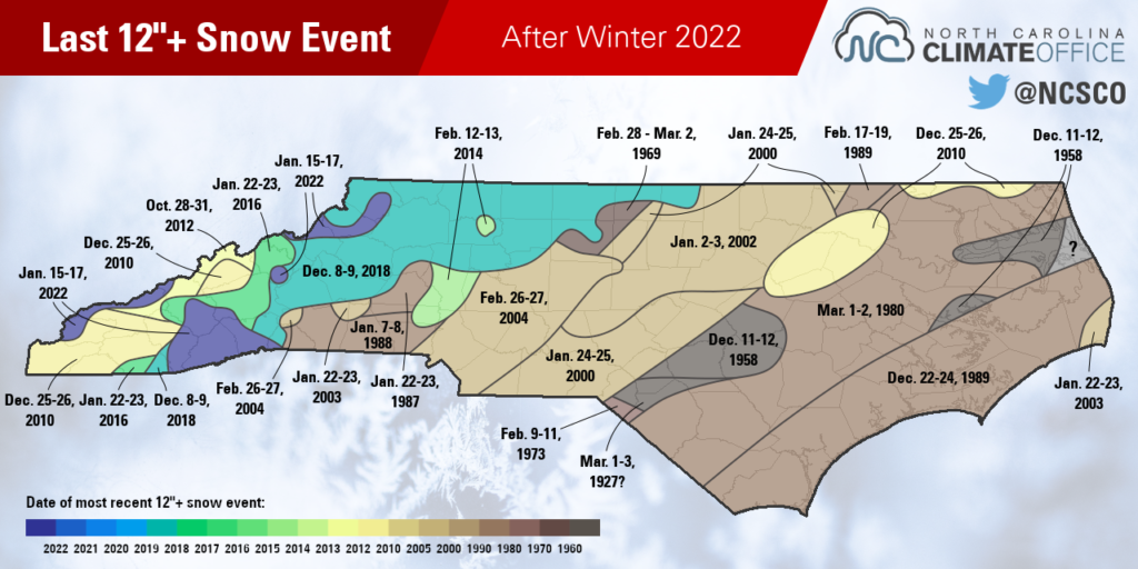 Map of most recent snow event bringing at least 12 inches to parts of North Carolina, after winter 2022