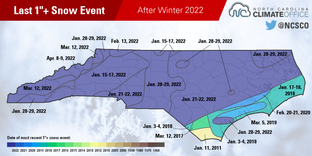 A map of the most recent snow event bringing at least 1 inch to parts of North Carolina, after winter 2022