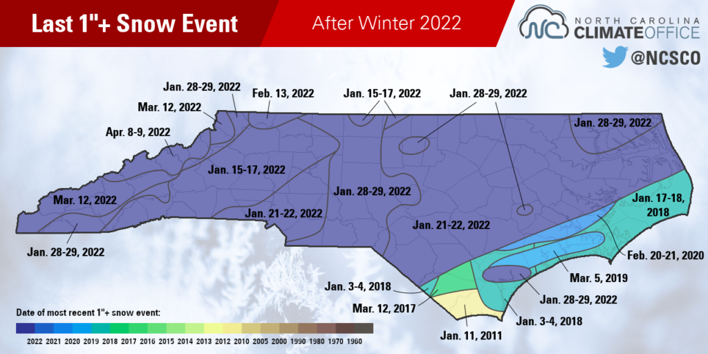 Map of most recent snow event bringing at least 1 inch to parts of North Carolina, after winter 2022