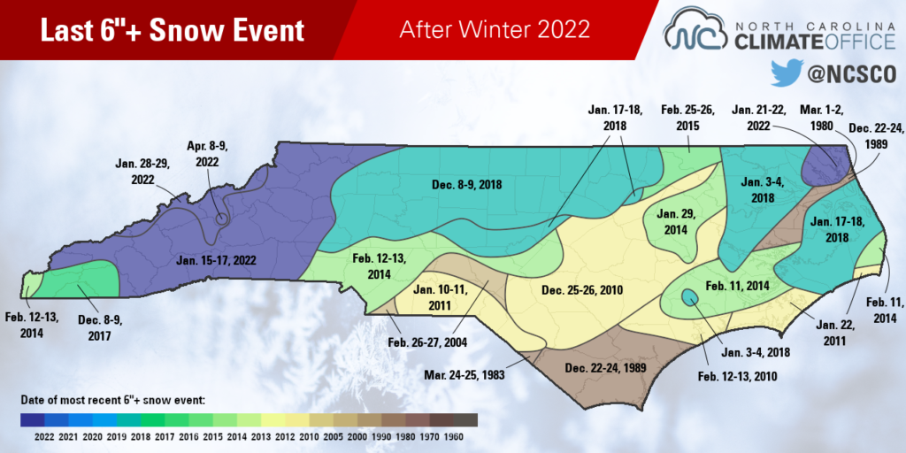 A map of the most recent snow event bringing at least 6 inches to parts of North Carolina, after winter 2022