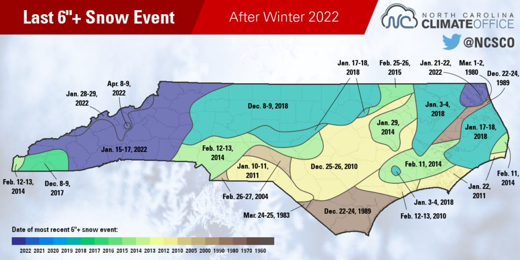 Map of most recent snow event bringing at least 6 inches to parts of North Carolina, after winter 2022