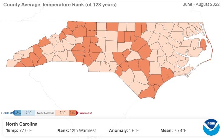 A map showing the county-level temperature ranking for summer 2022