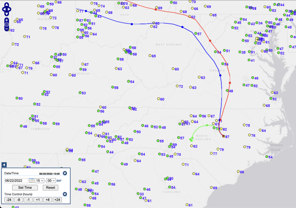 A map showing ozone conditions on June 22 and tracing pollutant trajectories in NC back to the Ohio Valley