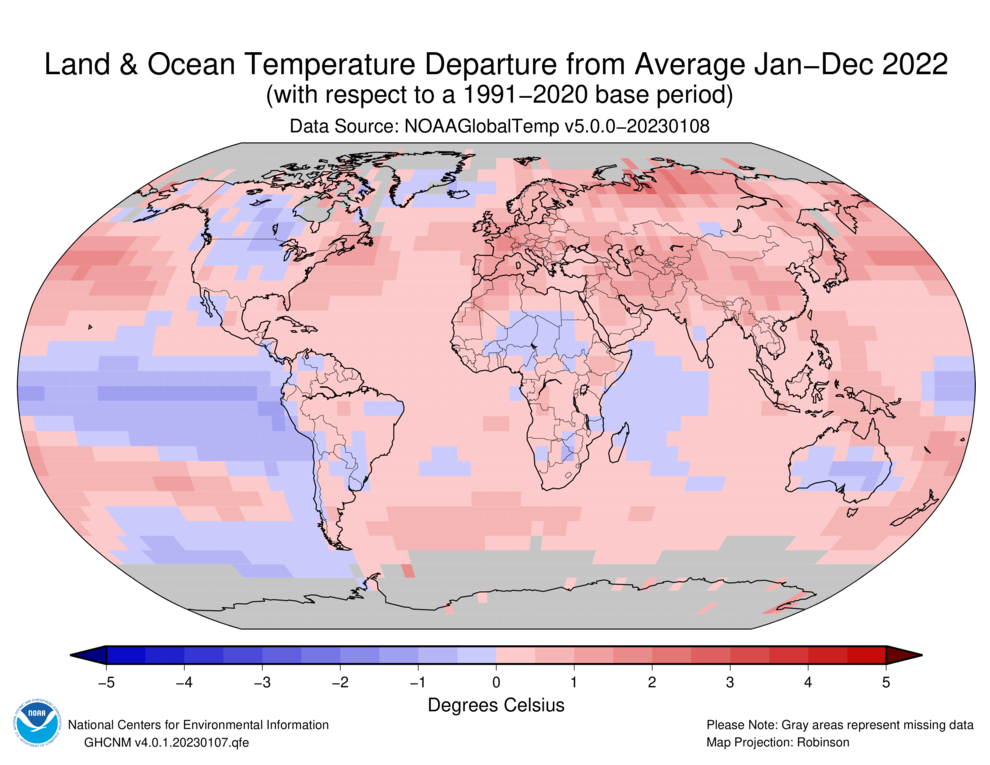 A map of global gridded temperature anomalies in 2022