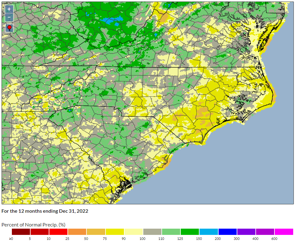 A map of percent of normal precipitation for the calendar year in 2022