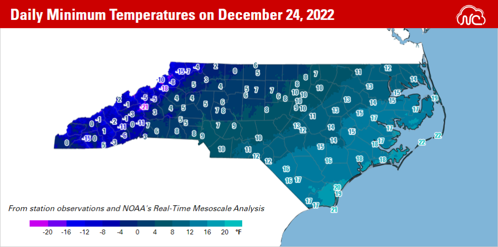 Daily low temperature map December 24, 2022