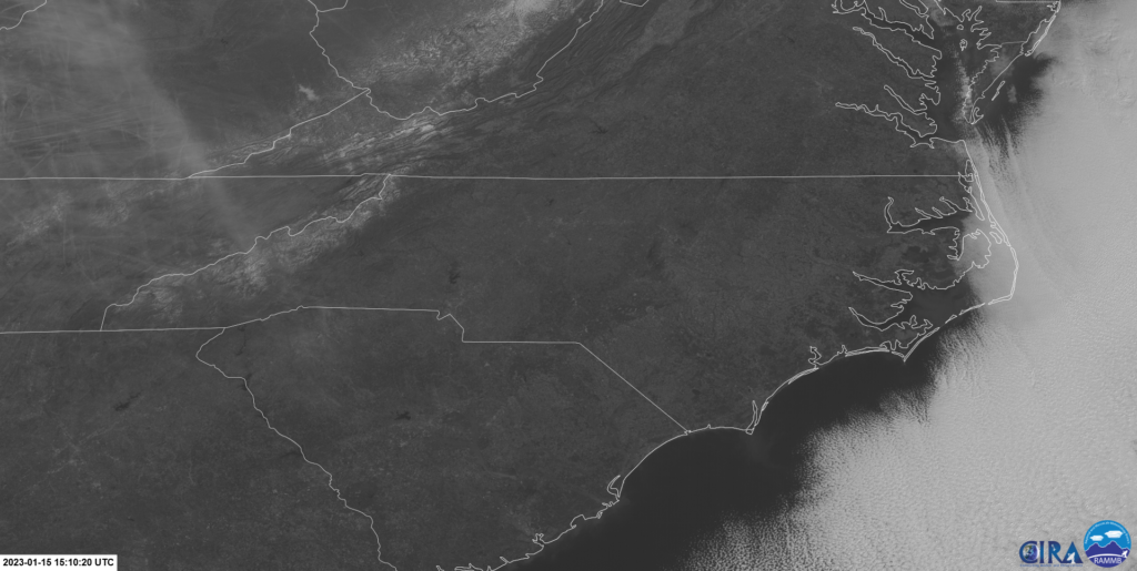 A satellite image showing snow on the ground in the Mountains on January 15